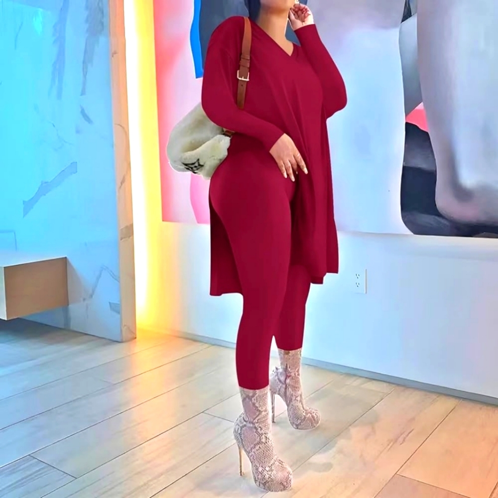 V Neck Two Piece Bodycon Pants Set